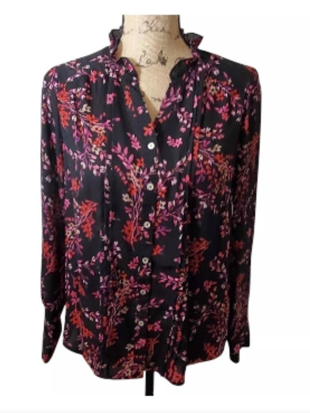 Nanette Lepore Black Button-Front Floral Blouse with Pink & Red Print